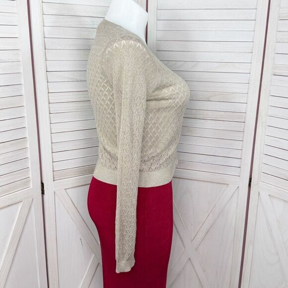 MNG Mango Pointelle Metallic Shimmer Button Up Cardigan Sweater Tan Gold Large - Picture 3 of 12